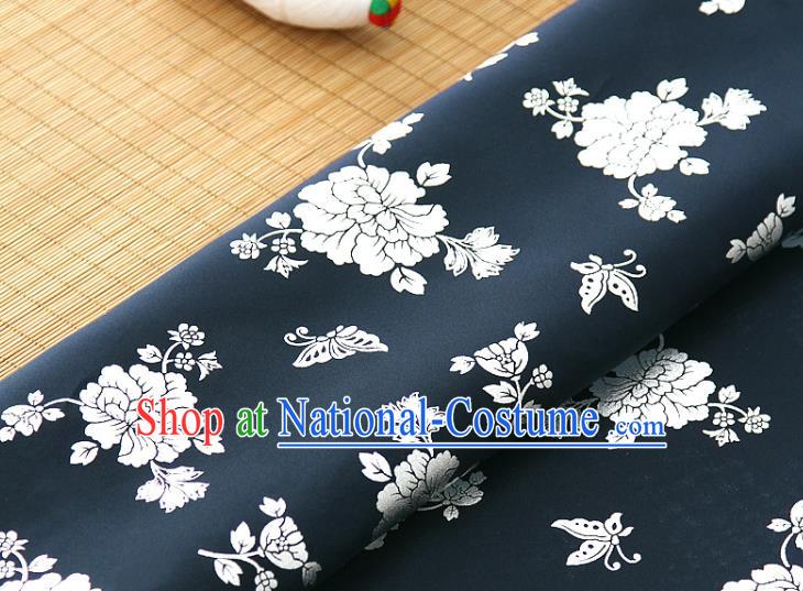 Asian Korea Classical Peony Pattern Navy Silk Fabric Korean Traditional Fashion Drapery Hanbok Material