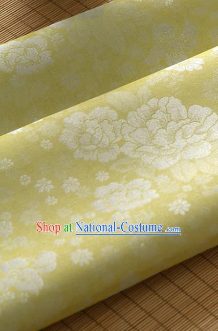 Asian Korea Classical Peony Flowers Pattern Yellow Silk Fabric Korean Fashion Drapery Traditional Hanbok Material