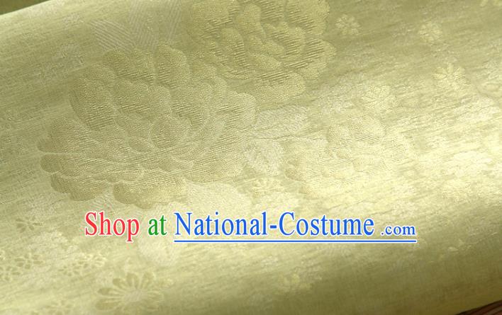 Asian Korea Classical Peony Flowers Pattern Yellow Silk Fabric Korean Fashion Drapery Traditional Hanbok Material