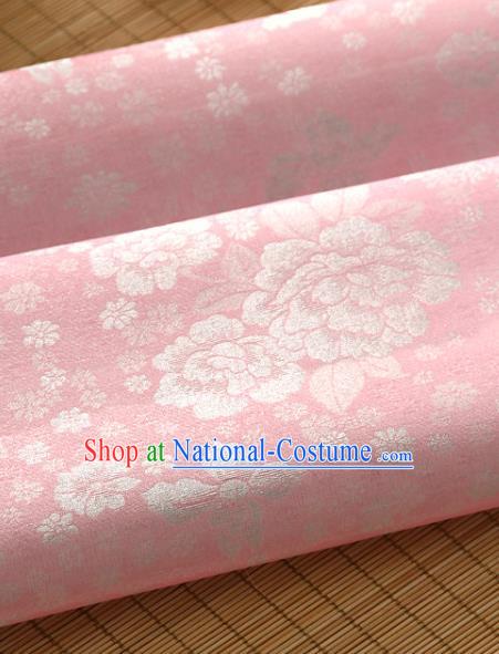 Asian Korea Classical Peony Flowers Pattern Pink Silk Fabric Korean Fashion Drapery Traditional Hanbok Material