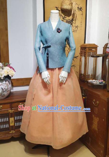 Korean Women Traditional Blue Blouse and Apricot Dress Asian Korea National Fashion Costumes Hanbok Informal Apparels