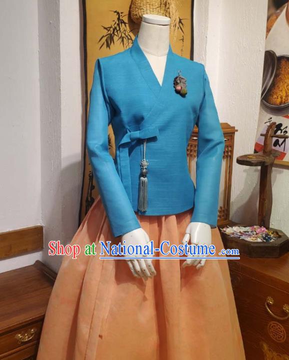 Korean Women Traditional Blue Blouse and Orange Dress Asian Korea National Fashion Costumes Hanbok Informal Apparels