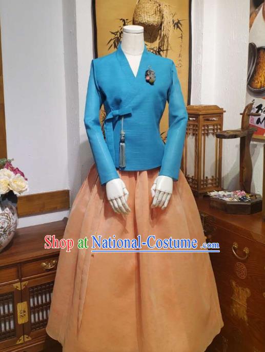 Korean Women Traditional Blue Blouse and Orange Dress Asian Korea National Fashion Costumes Hanbok Informal Apparels