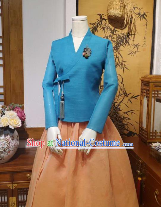 Korean Women Traditional Blue Blouse and Orange Dress Asian Korea National Fashion Costumes Hanbok Informal Apparels