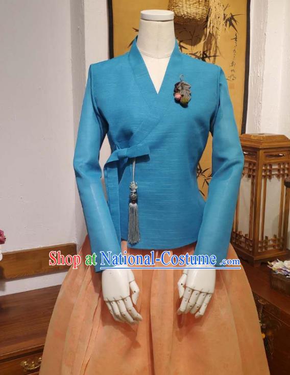 Korean Women Traditional Blue Blouse and Orange Dress Asian Korea National Fashion Costumes Hanbok Informal Apparels