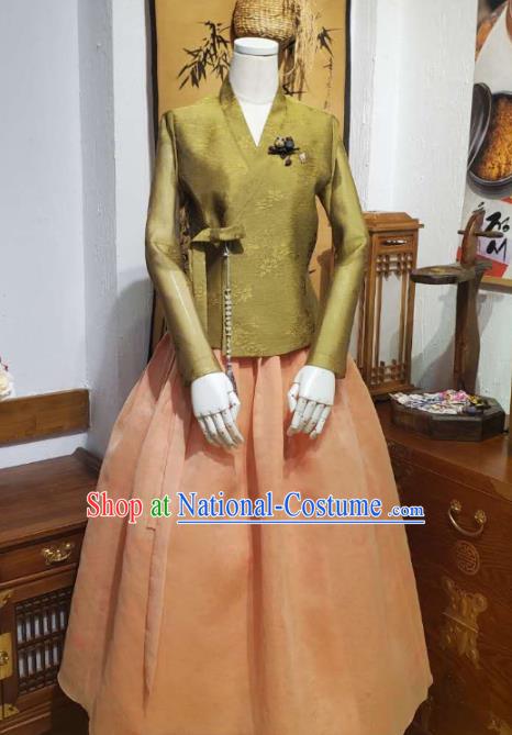 Korean Traditional Olive Green Blouse and Orange Dress Asian Korea National Fashion Costumes Hanbok Women Informal Apparels