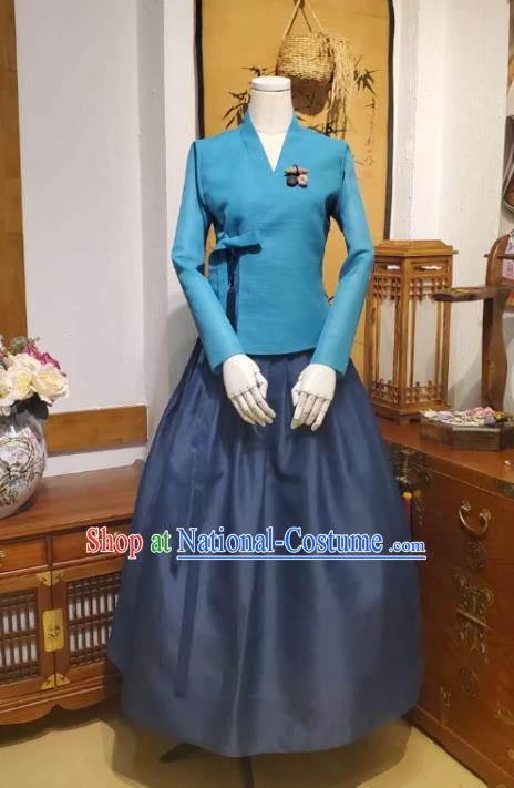 Korean Traditional Blue Blouse and Navy Dress Asian Korea National Fashion Costumes Hanbok Women Informal Apparels