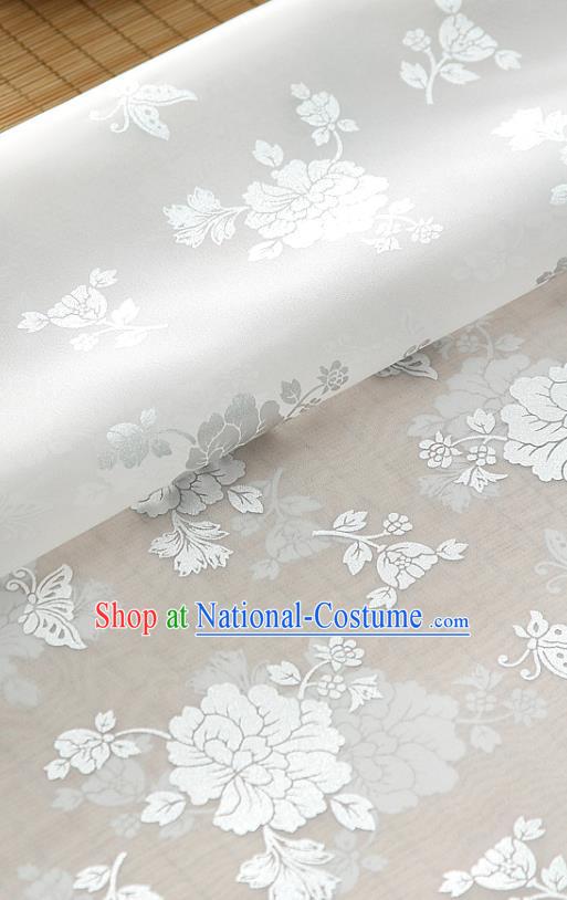 Asian Korea Classical Peony Pattern White Silk Fabric Korean Traditional Fashion Drapery Hanbok Material