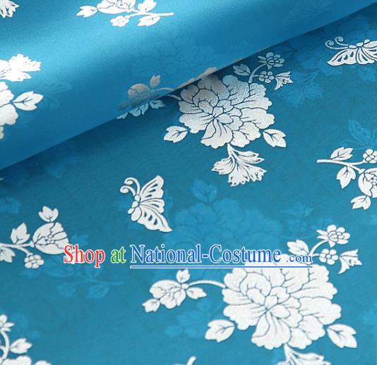 Asian Korea Classical Peony Pattern Lake Blue Silk Fabric Korean Traditional Fashion Drapery Hanbok Material