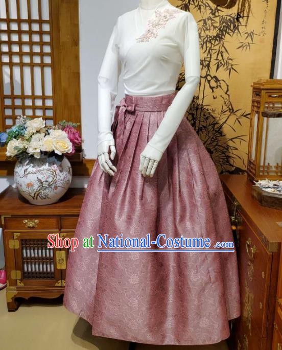 Korean Traditional Dance Blouse and Pink Bust Skirt Asian Korea National Fashion Costumes Women Hanbok Apparels