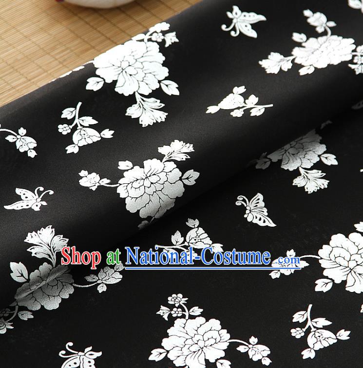 Asian Korea Classical Peony Pattern Black Silk Fabric Korean Traditional Fashion Drapery Hanbok Material