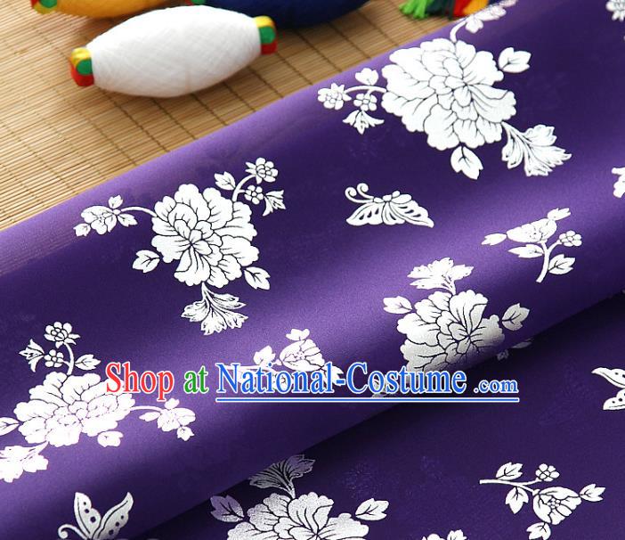 Asian Korea Classical Peony Pattern Deep Purple Silk Fabric Korean Traditional Fashion Drapery Hanbok Material