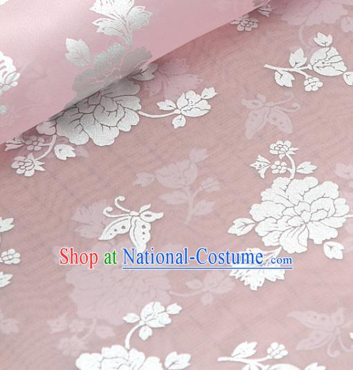 Asian Korea Classical Peony Pattern Pink Silk Fabric Korean Traditional Fashion Drapery Hanbok Material