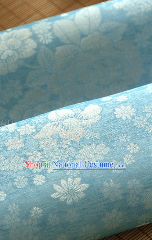 Asian Korea Classical Peony Flowers Pattern Blue Silk Fabric Korean Fashion Drapery Traditional Hanbok Material