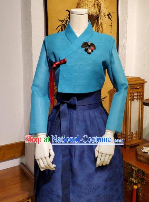 Korean Traditional Blue Top Blouse and Deep Blue Dress Asian Korea National Fashion Costumes Women Hanbok Informal Apparels