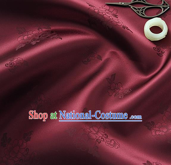 Traditional Korean Classical Roses Pattern Purplish Red Satin Drapery Hanbok Material Asian Korea Fashion Silk Fabric