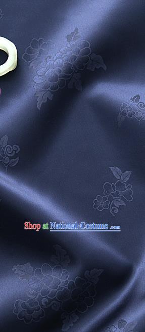 Traditional Korean Classical Roses Pattern Navy Blue Satin Drapery Hanbok Material Asian Korea Fashion Silk Fabric