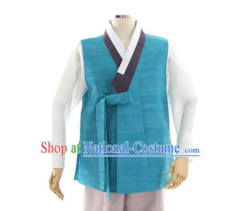 Asian Korea Men Blue Vest Shirt and Pants Dress Korean Bridegroom Fashion Traditional Wedding Hanbok Apparels Costumes