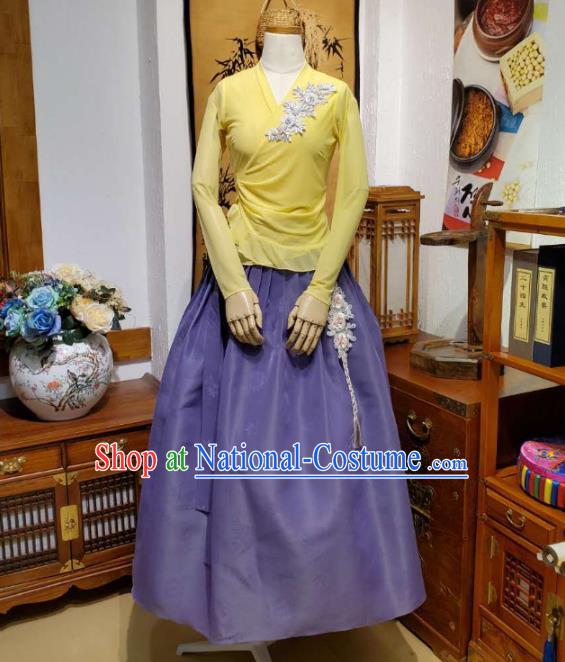 Korean Apparels Yellow Veil Blouse and Lilac Skirt Asian Women Informal Hanbok Korea Fashion Traditional Dance Training Costumes