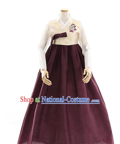 Korean Bride Beige Blouse and Wine Red Dress Korea Fashion Costumes Traditional Wedding Hanbok Festival Apparels for Women