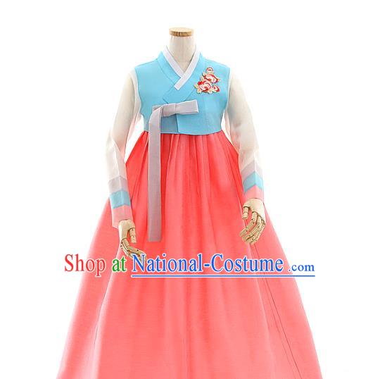 Korean Bride Blue Blouse and Watermelon Red Dress Korea Fashion Costumes Traditional Hanbok Festival Wedding Apparels for Women