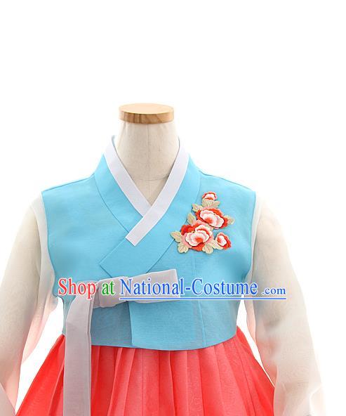 Korean Bride Blue Blouse and Watermelon Red Dress Korea Fashion Costumes Traditional Hanbok Festival Wedding Apparels for Women