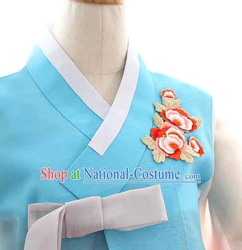 Korean Bride Blue Blouse and Watermelon Red Dress Korea Fashion Costumes Traditional Hanbok Festival Wedding Apparels for Women