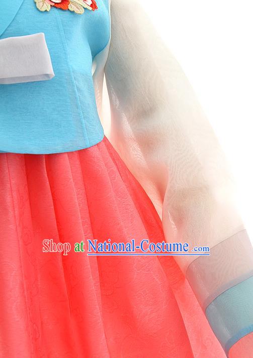 Korean Bride Blue Blouse and Watermelon Red Dress Korea Fashion Costumes Traditional Hanbok Festival Wedding Apparels for Women