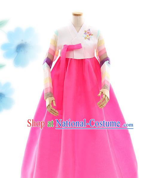 Korean Bride White Blouse and Rosy Dress Korea Fashion Costumes Traditional Festival Hanbok Apparels for Women