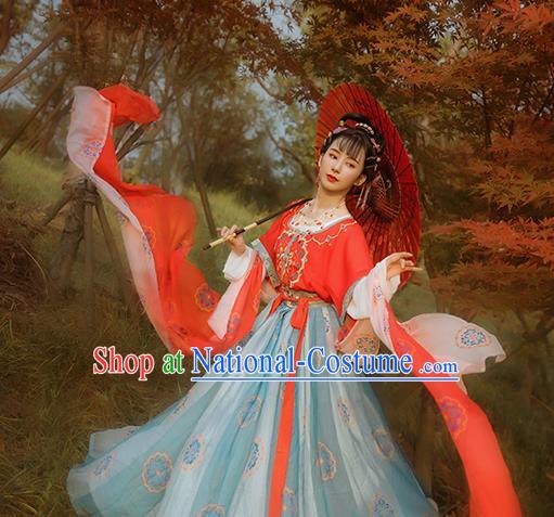 Chinese Ancient Flying Apsaras Fairy Dance Costumes Traditional Tang Dynasty Princess Top Blouse and Skirt Hanfu Apparels