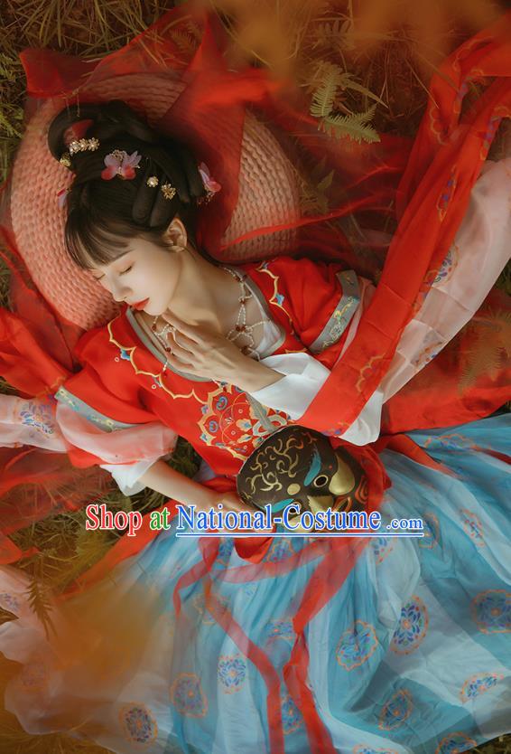 Chinese Ancient Flying Apsaras Fairy Dance Costumes Traditional Tang Dynasty Princess Top Blouse and Skirt Hanfu Apparels