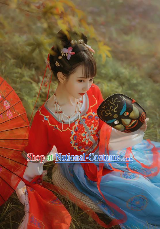 Chinese Ancient Flying Apsaras Fairy Dance Costumes Traditional Tang Dynasty Princess Top Blouse and Skirt Hanfu Apparels