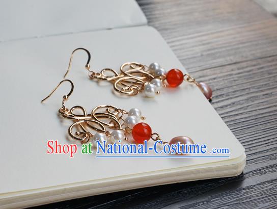 Handmade Chinese Women Hanfu Pearl Ear Accessories Ancient Court Eardrop Classical Golden Earrings