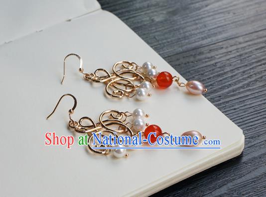 Handmade Chinese Women Hanfu Pearl Ear Accessories Ancient Court Eardrop Classical Golden Earrings