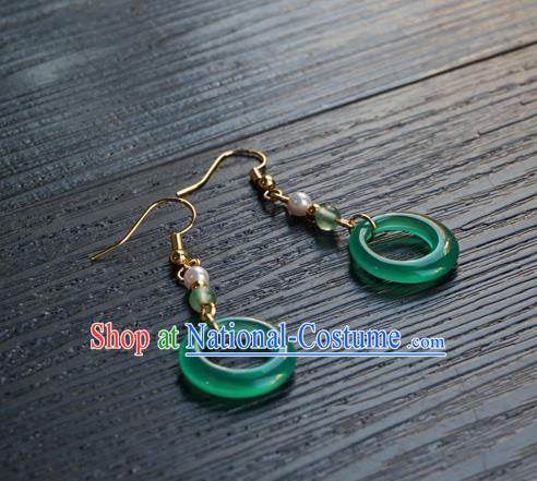 Handmade Chinese Women Hanfu Ear Accessories Ancient Court Eardrop Classical Green Ring Earrings