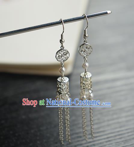 Handmade Chinese Women Argent Tassel Ear Accessories Classical Hanfu White Beads Earrings