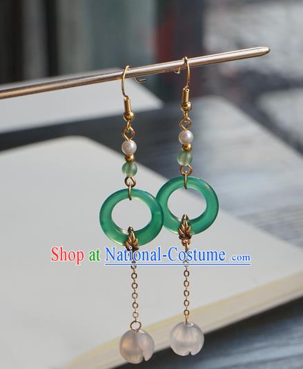 Handmade Chinese Women Hanfu Long Tassel Ear Accessories Ancient Court Eardrop Classical Green Ring Earrings