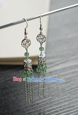 Handmade Chinese Women Argent Tassel Ear Accessories Classical Hanfu Green Beads Earrings