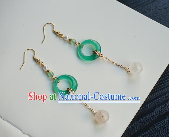 Handmade Chinese Women Hanfu Long Tassel Ear Accessories Ancient Court Eardrop Classical Green Ring Earrings