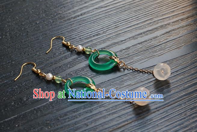 Handmade Chinese Women Hanfu Long Tassel Ear Accessories Ancient Court Eardrop Classical Green Ring Earrings