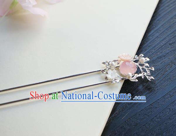 Chinese Classical Pink Chalcedony Hair Clip Hair Accessories Handmade Ancient Hanfu Argent Hairpin for Women