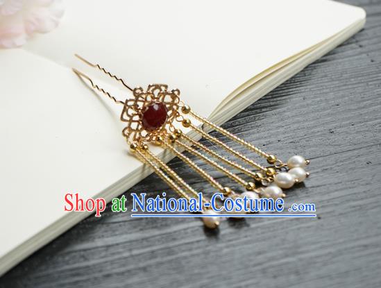 Chinese Classical Pearls Tassel Hair Clip Hair Accessories Handmade Ancient Golden Beads Hairpin for Women