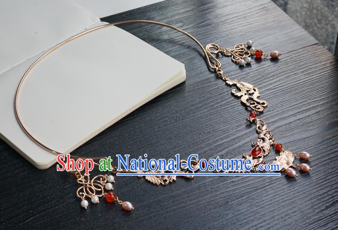 Chinese Handmade Golden Longevity Lock Hanfu Pearl Necklace Classical Jewelry Accessories Ancient Princess Necklet for Women