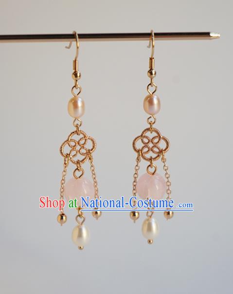 Handmade Chinese Classical Pearls Ear Accessories Ancient Women Hanfu Pink Bead Earrings