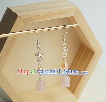 Handmade Chinese Classical Pink Convallaria Ear Accessories Ancient Women Hanfu Pearl Earrings