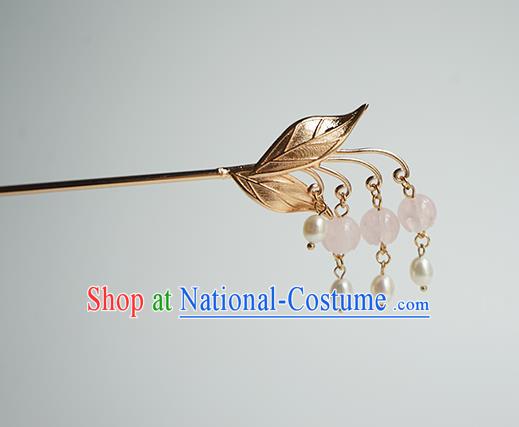 Chinese Hanfu Classical Pearls Tassel Hair Accessories Handmade Ancient Princess Golden Leaf Hairpins for Women