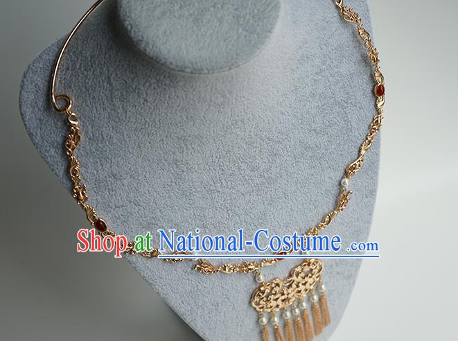 Chinese Handmade Hanfu Ming Dynasty Necklace Classical Jewelry Accessories Ancient Princess Golden Tassel Necklet for Women