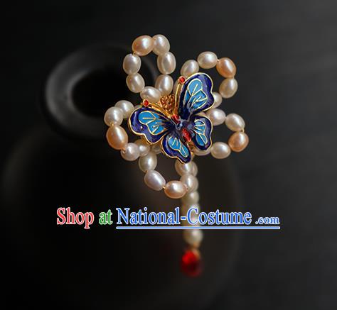 Chinese Classical Hanfu Pearls Hair Accessories Handmade Ancient Princess Blueing Butterfly Hairpin for Women