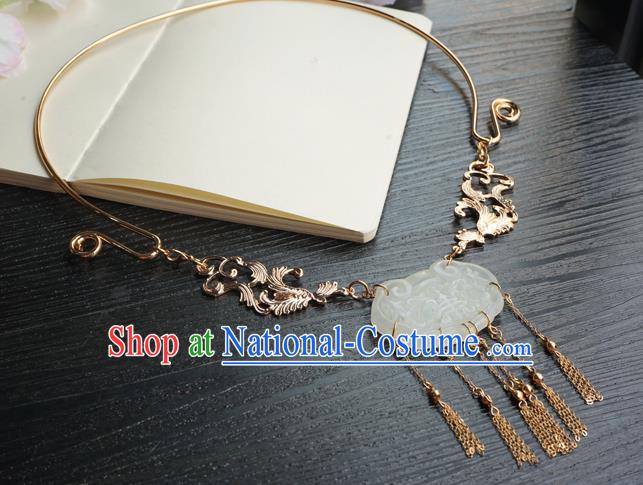 Chinese Handmade Hanfu Jade Necklace Classical Jewelry Accessories Ancient Princess Longevity Lock Golden Tassel Necklet for Women