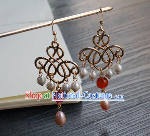 Handmade Chinese Women Hanfu Ear Accessories Ancient Court Golden Eardrop Classical Earrings